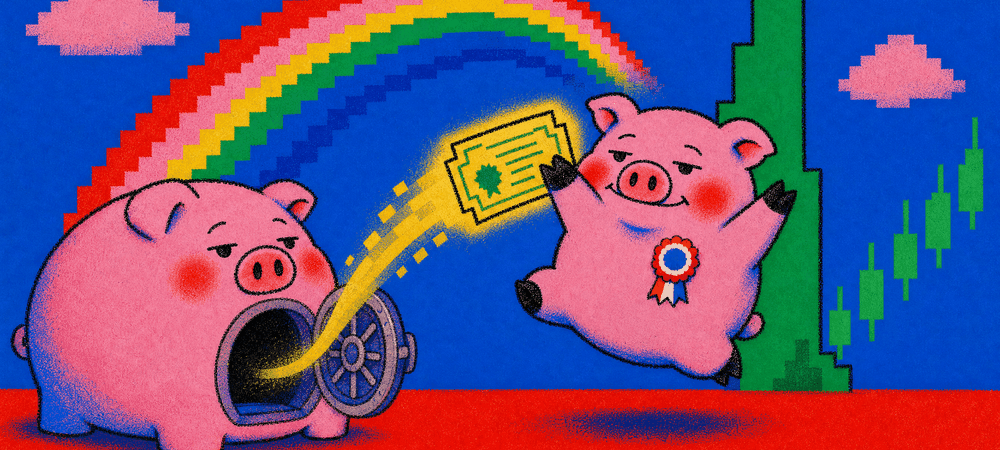 The vault paying out into a stock certificate beside a rising chart