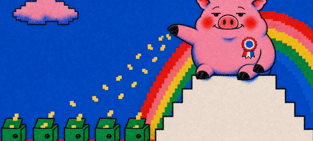 A pig on a podium tossing coins into a row of open safes