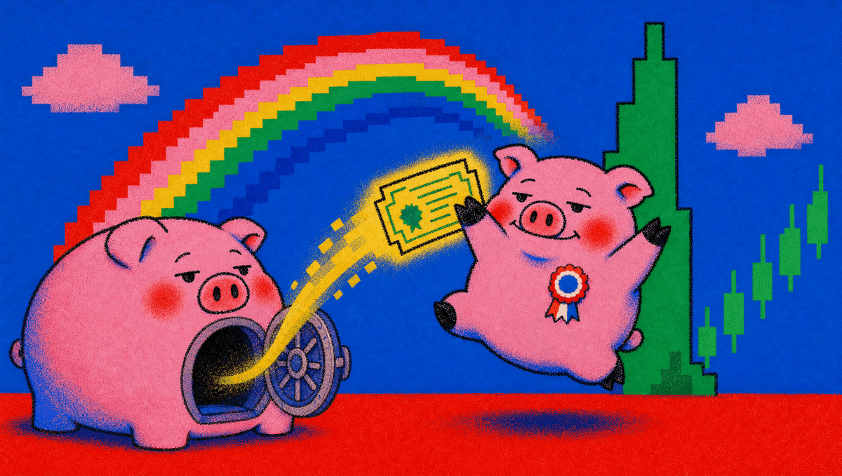 Money arcing out of a vault into a stock certificate