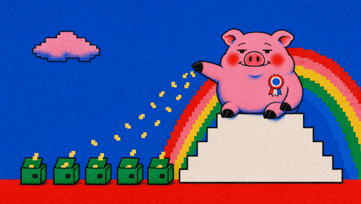 A pig scattering coins down into a row of open safes