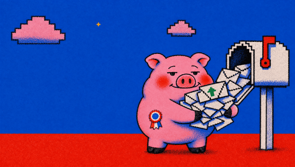 A pig hauling an armful of envelopes out of a mailbox