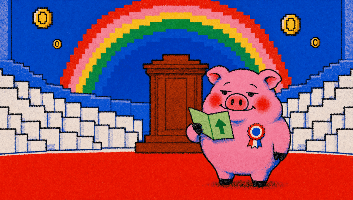 A pig reading a filing at a hearing podium
