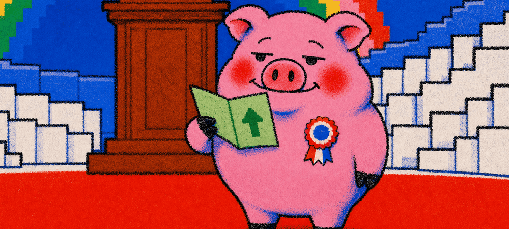A pig in a rosette reading a filing at a hearing podium